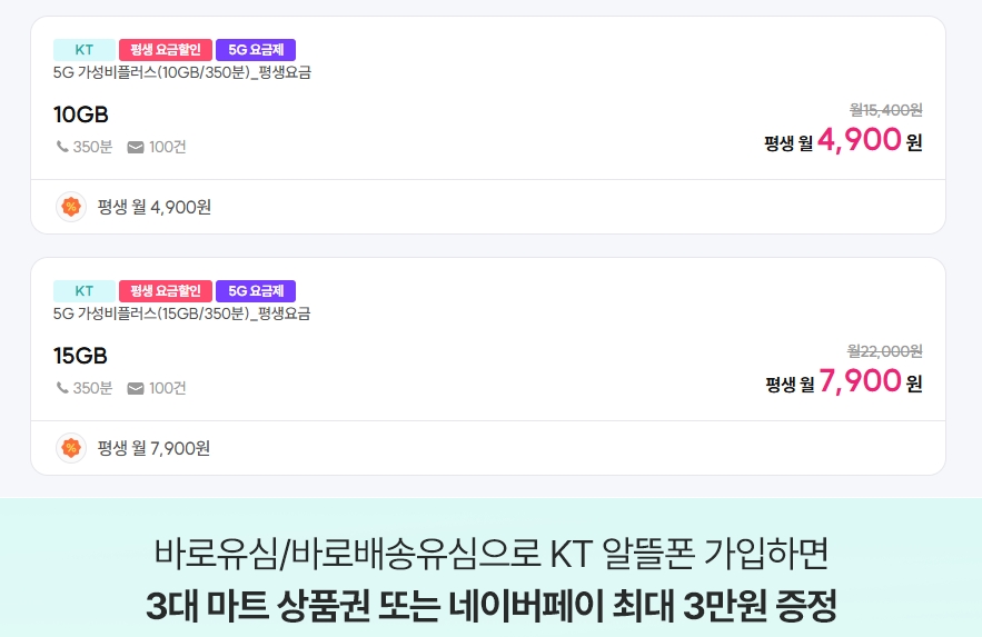 [kt알뜰폰] 5G망 10GB 350분 + Npay 3만원 평생요금제 ( 4,900원 / 무료 ) - 